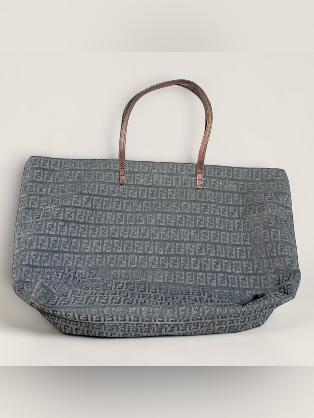 Fendi Vintage Zucca FF Shopping Tote Gray Brown Leather